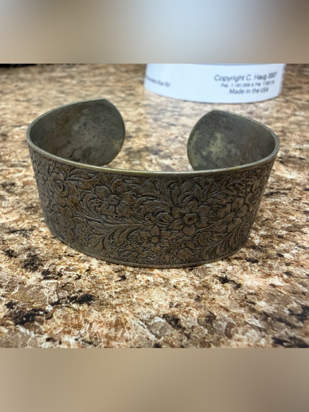 Vintage Brass Floral Repousse Wide Cuff Bracelet Boho Botanical Statement